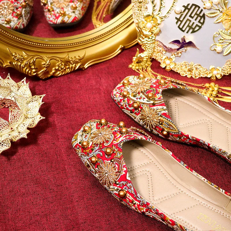 Meera Luxe Royal Red Prints Ballet Flats