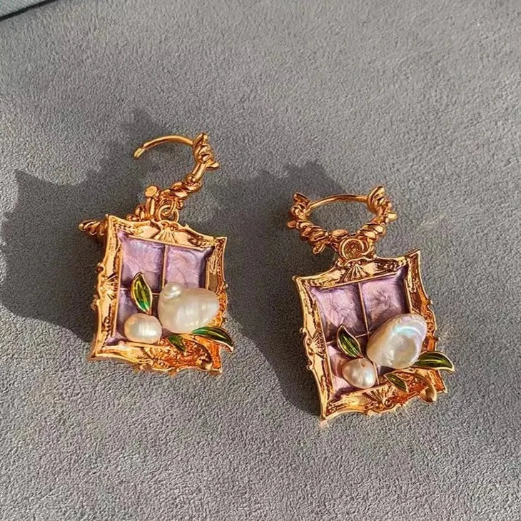 Vintage Pearl Gold Baroque Frame Flower Earrings & Necklace