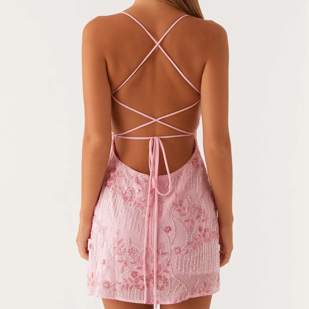 Sequin Pearl Lace-up Floral Dress