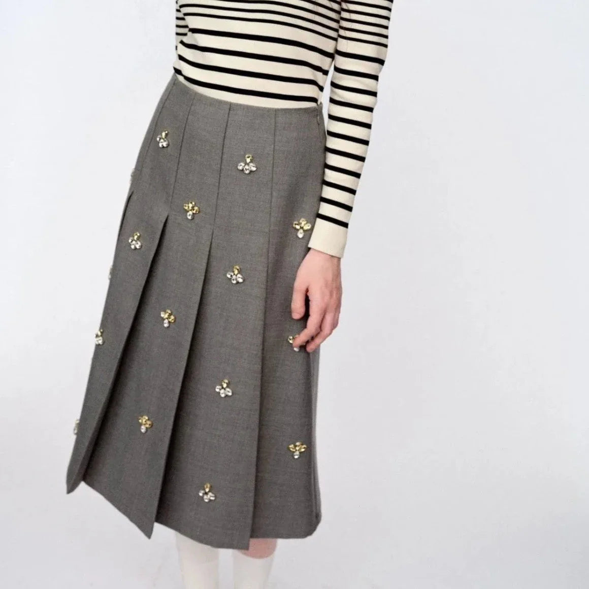Leslie Crystal Embellished Pleated Midi Skirts