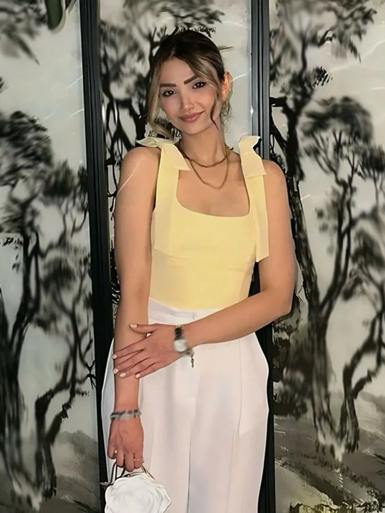 Bow Square Collar Sling Slim Cami Top