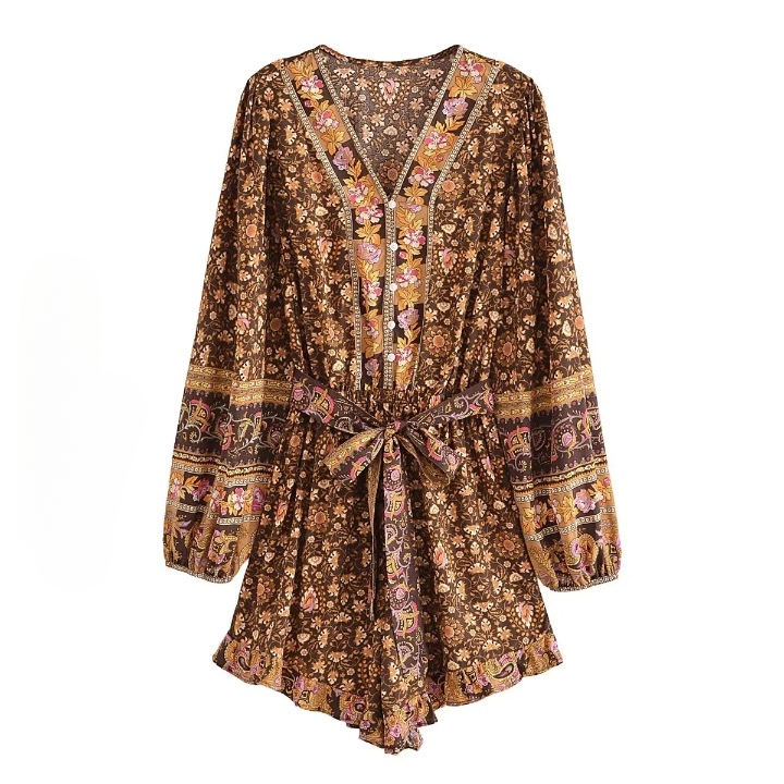 Bodil Bohemian Vintage Brown Floral Romper