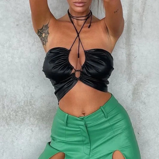 Drawstring PU Leather Halter Strapless