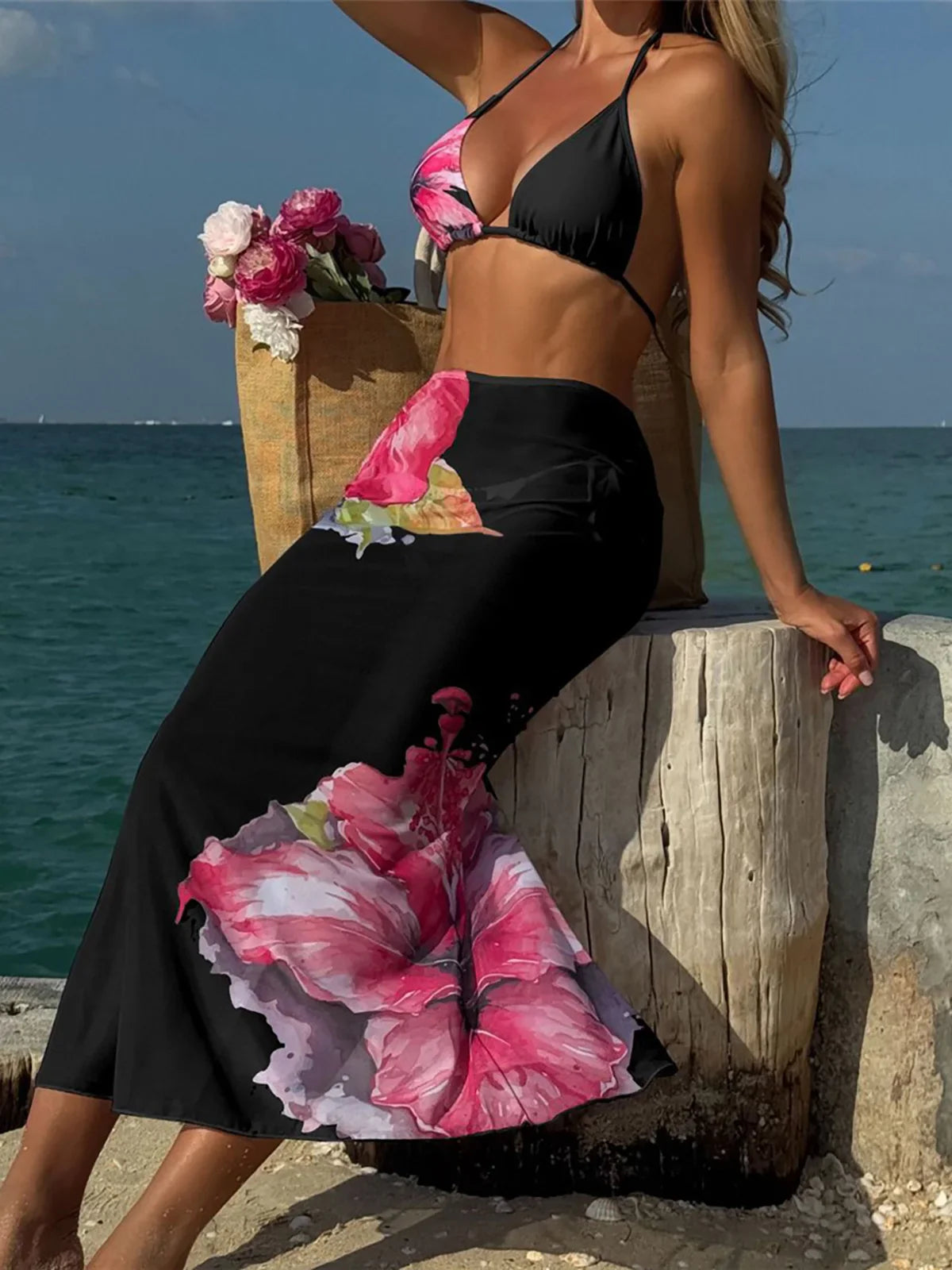 Flowers Skirt Halter Bather Three Piece Swim Sets