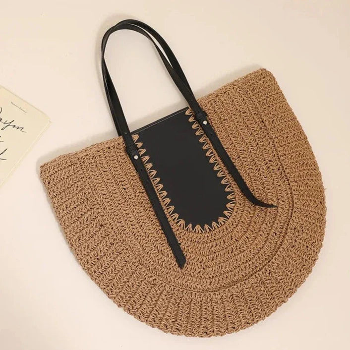 Lutie Colorblock Half Moon Straw Shoulder Bag
