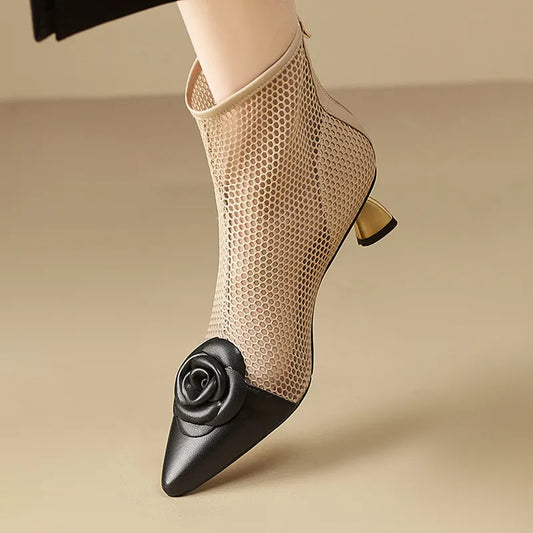 Francis Flower Corsage Cap Toe Mesh Ankle Boots
