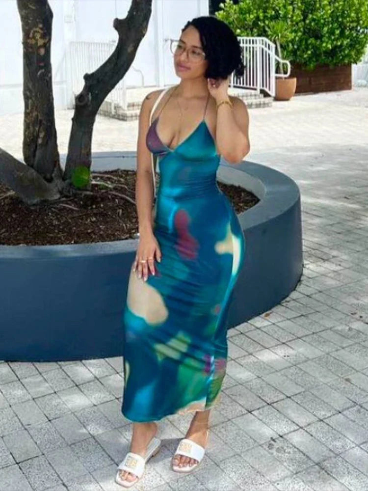 Tie Dye Backless Cross Midi Dress