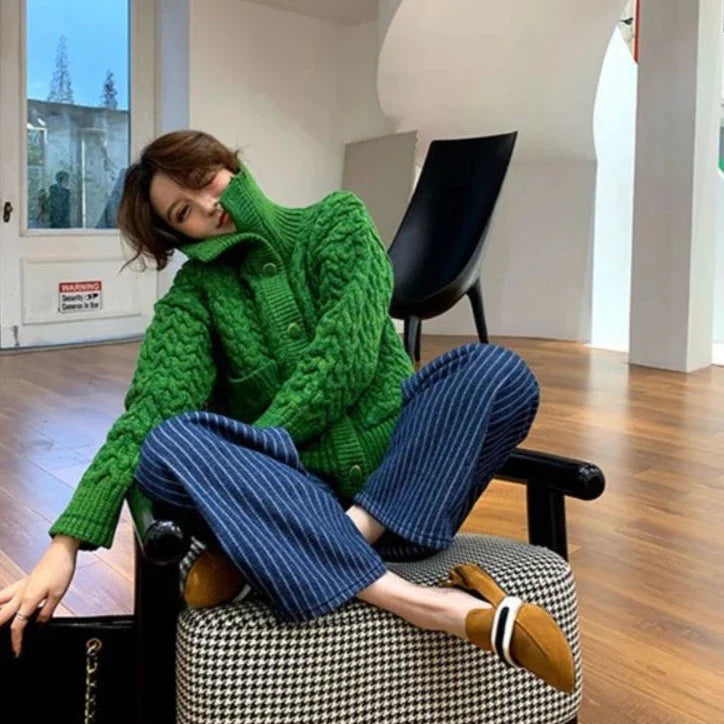 Sorcha Green Twist Cable Knit Vintage Cardigan