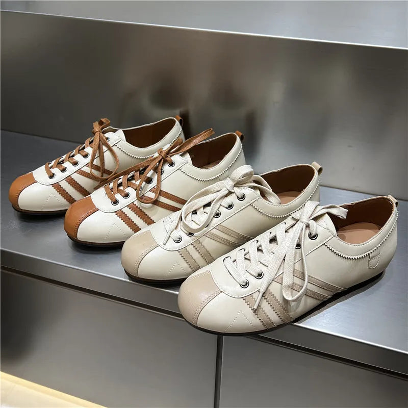 Eline Round Toe Leather Lace-up Flat Sneakers
