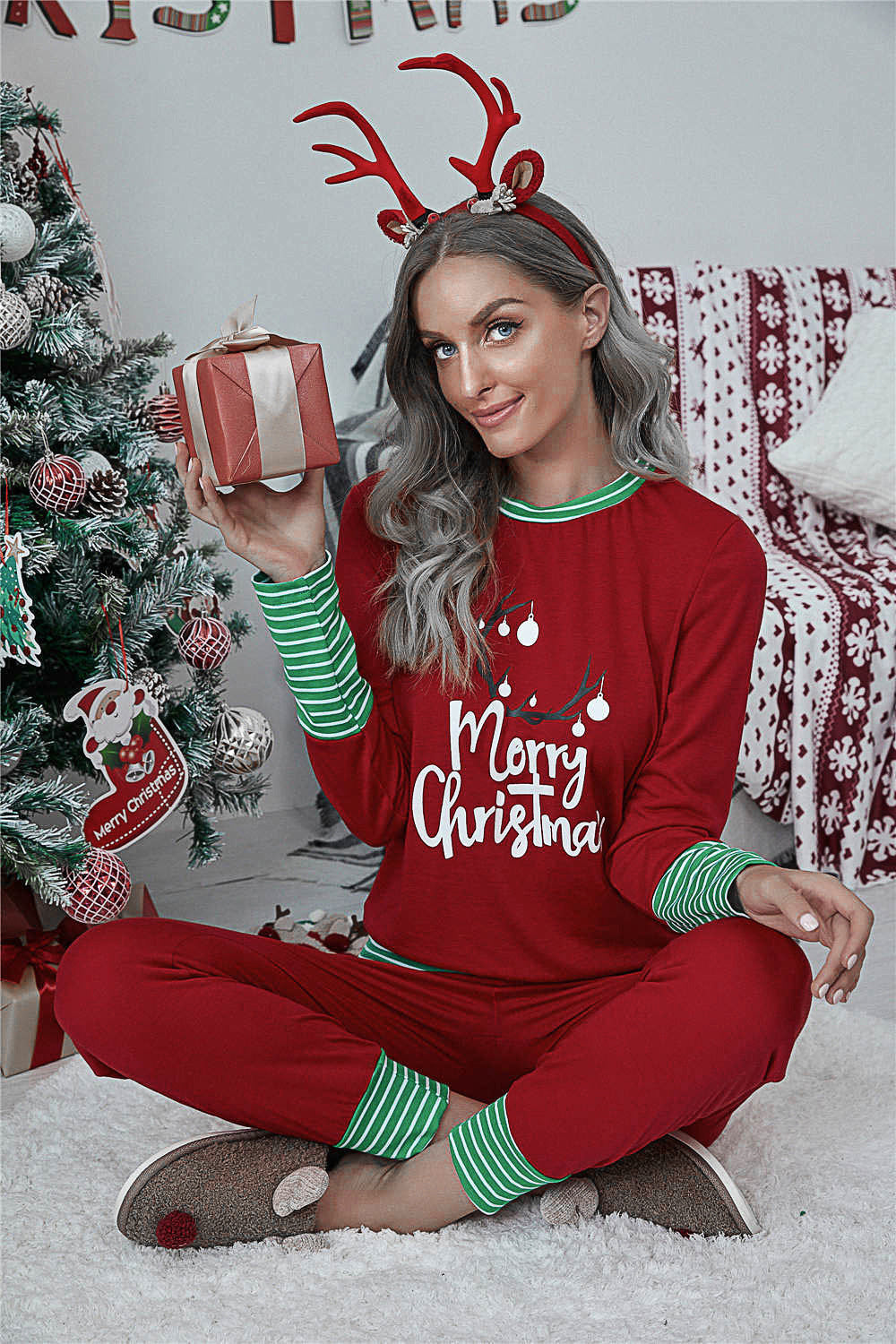 Merry Christmas Pajamas Set Casual Matching Set Full Sleeve Tops+Pants 2 Pieces