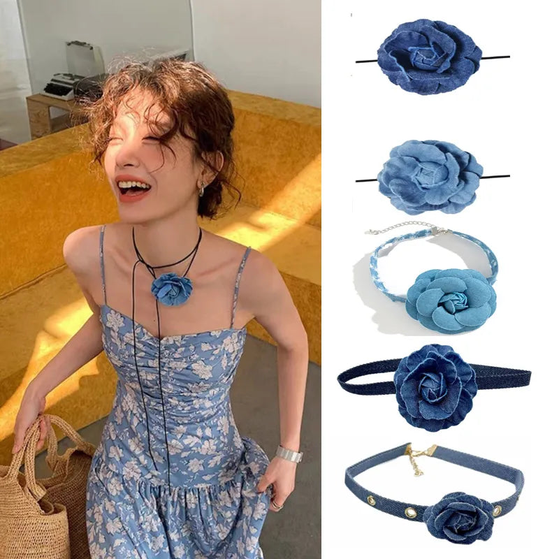 Denim Rose Corsage Choker Necklaces