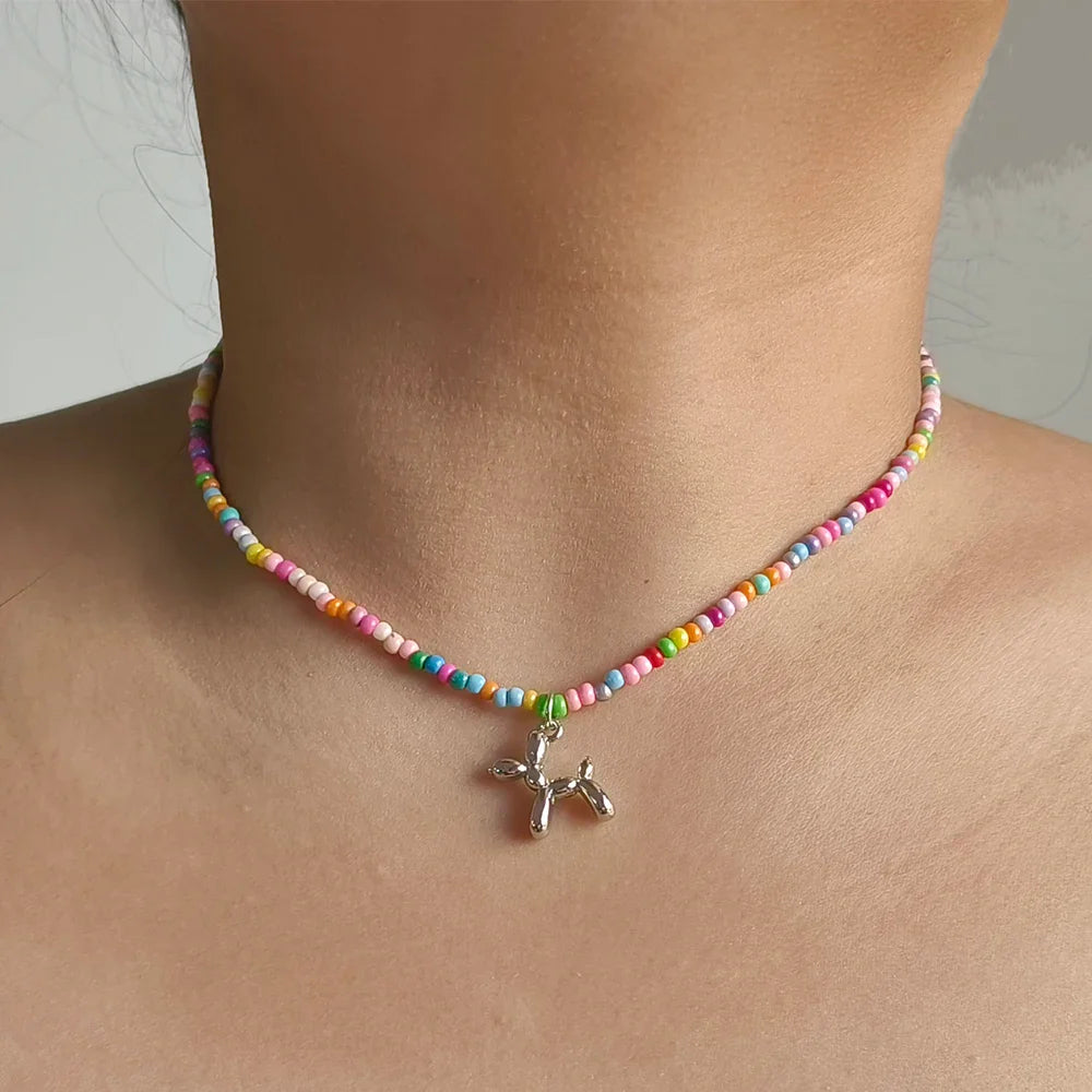 Colorful Poodle Pendant Beads Choker Necklace