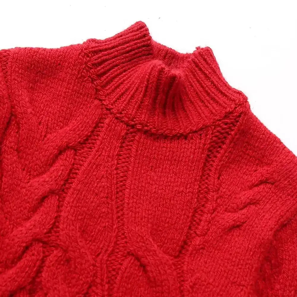 Rubina Red Cable Knit Belted Turtleneck Sweater