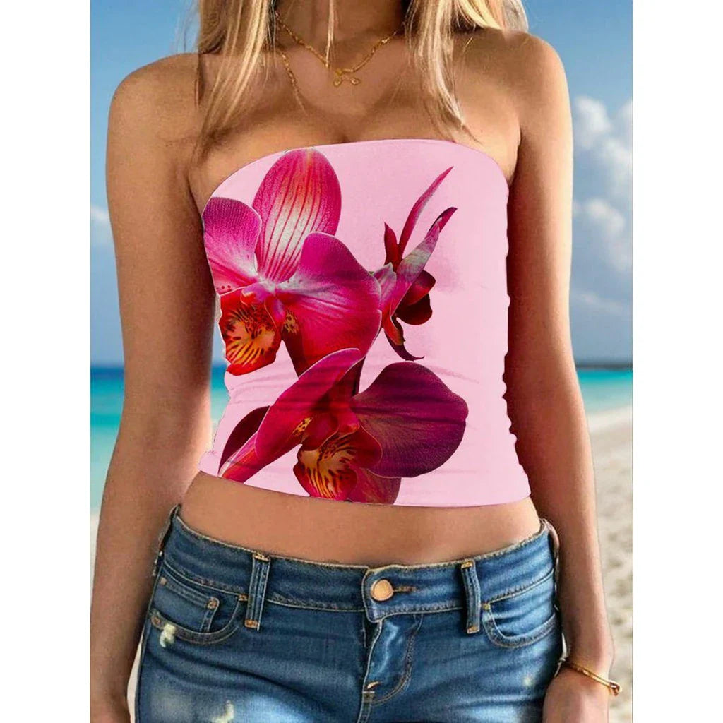 Floral Print Show Navel Strapless