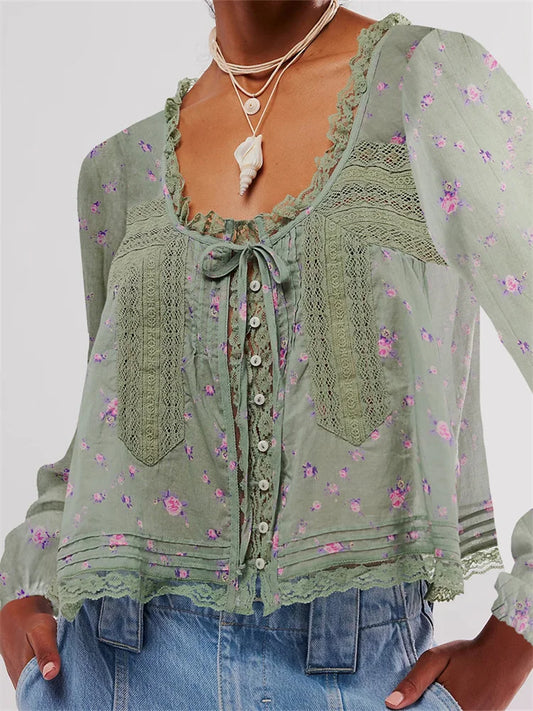 Long Sleeve Loose Casual Lace Patchwork Blouse