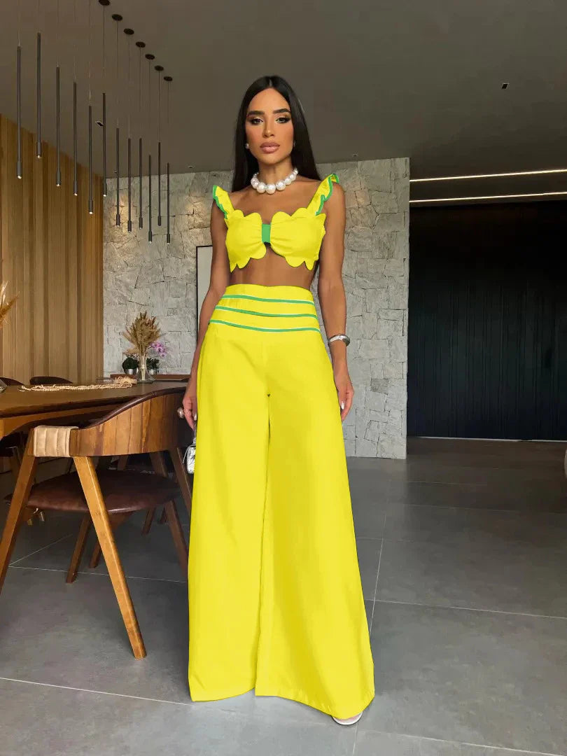 Deep V Square Collar Wide Leg Two Piece Pants Set