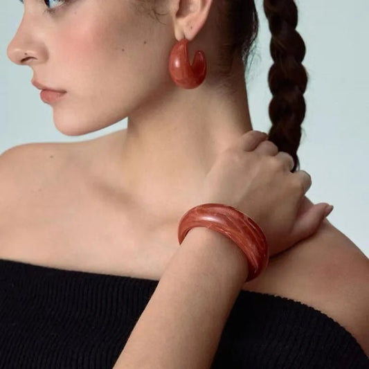 Vintage Red Jasper Resin Moon Earrings & Bracelet