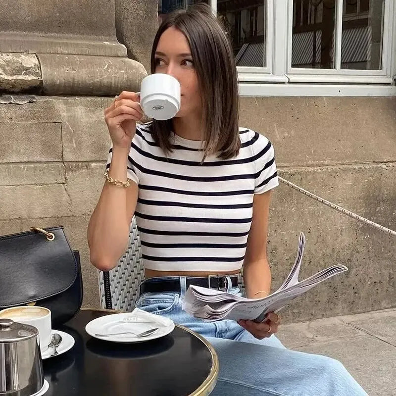 Manon Breton Stripe Cropped Knit Tops