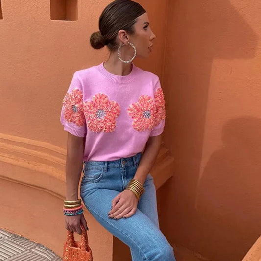 Terri Flower Sequin Embellished Knit Top