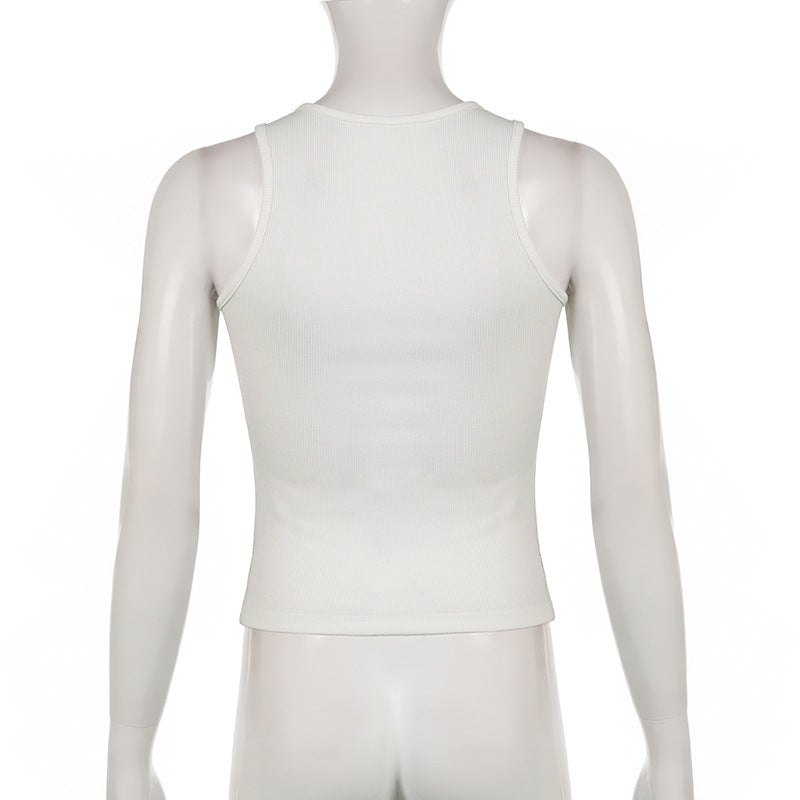 Slim Knitted Vest White Sleeveless O Neck Butterfly Vintage Print Tank Crop Tops