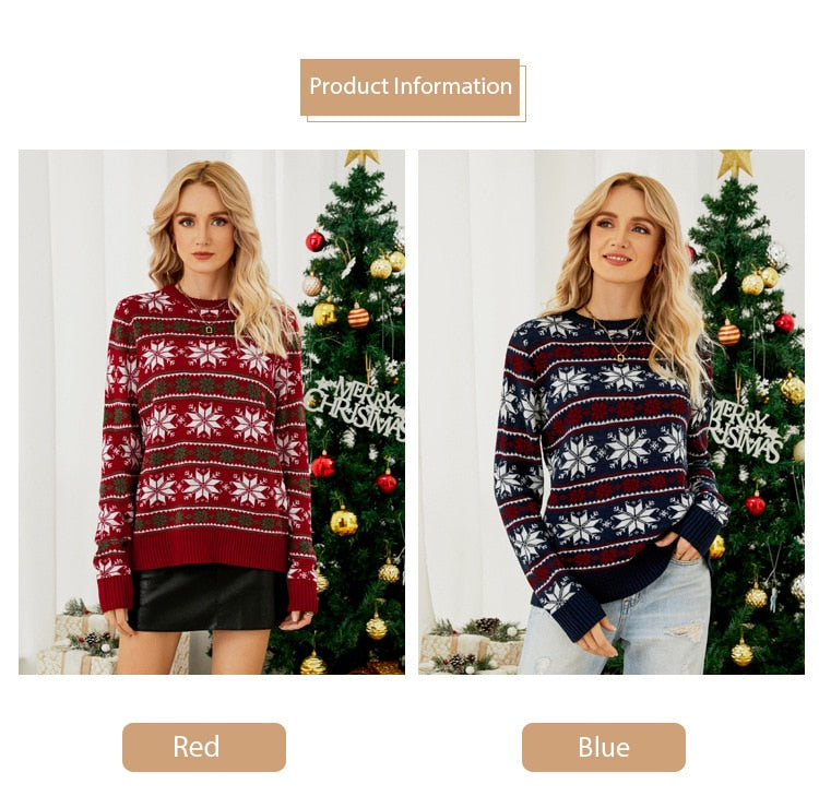 Christmas Long Sleeve Snowflake Round Neck Print Sweater Thick Knit Jumper Warm Sweater