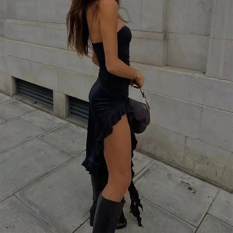 Floral Fold Hem Slit Strapless Mini Dress