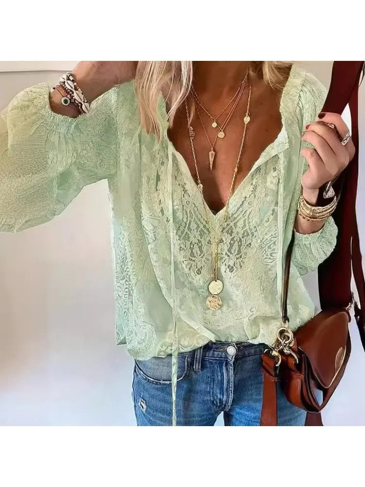 Vintage Button Lace-up Long Sleeve Blouse