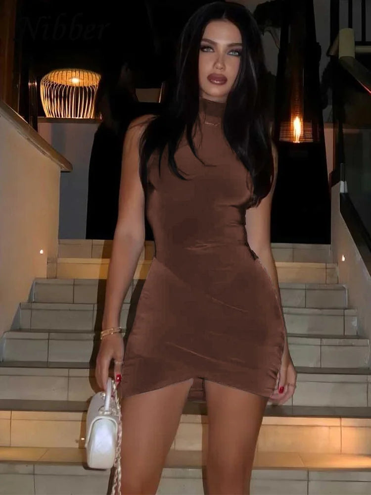 Ruched Sleeveless Stand Collar Party Dress