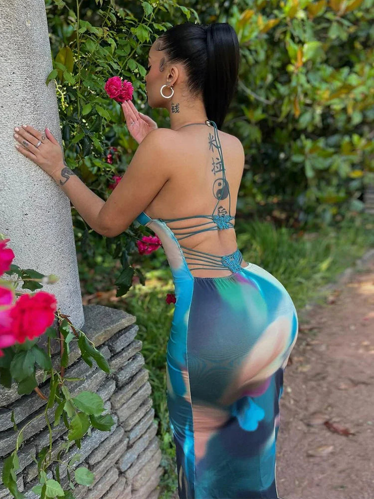 Tie Dye Backless Cross Midi Dress