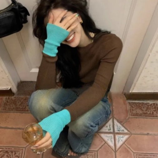 Ailsa Two Tone Flare Cuff Ribbed Knitted Top