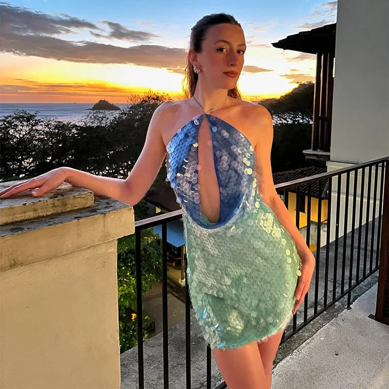 Sequin Hollow Halter Contrast Mini Dress