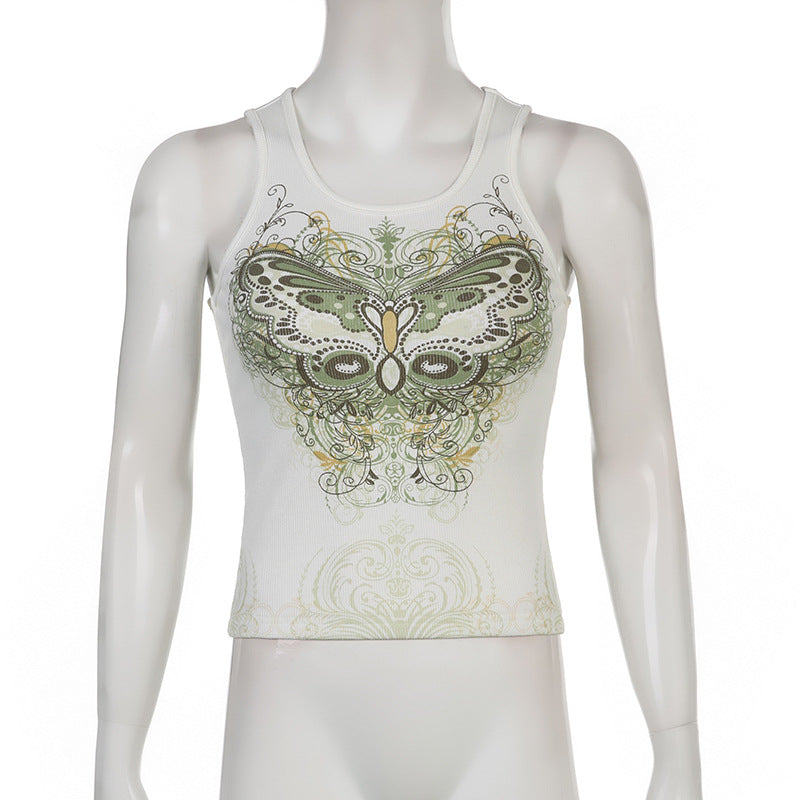 Slim Knitted Vest White Sleeveless O Neck Butterfly Vintage Print Tank Crop Tops