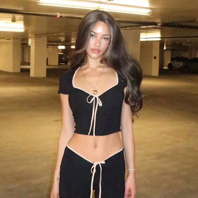 Y2K Bow Baby Tees Slim Fit Short Sleeve Crop Top