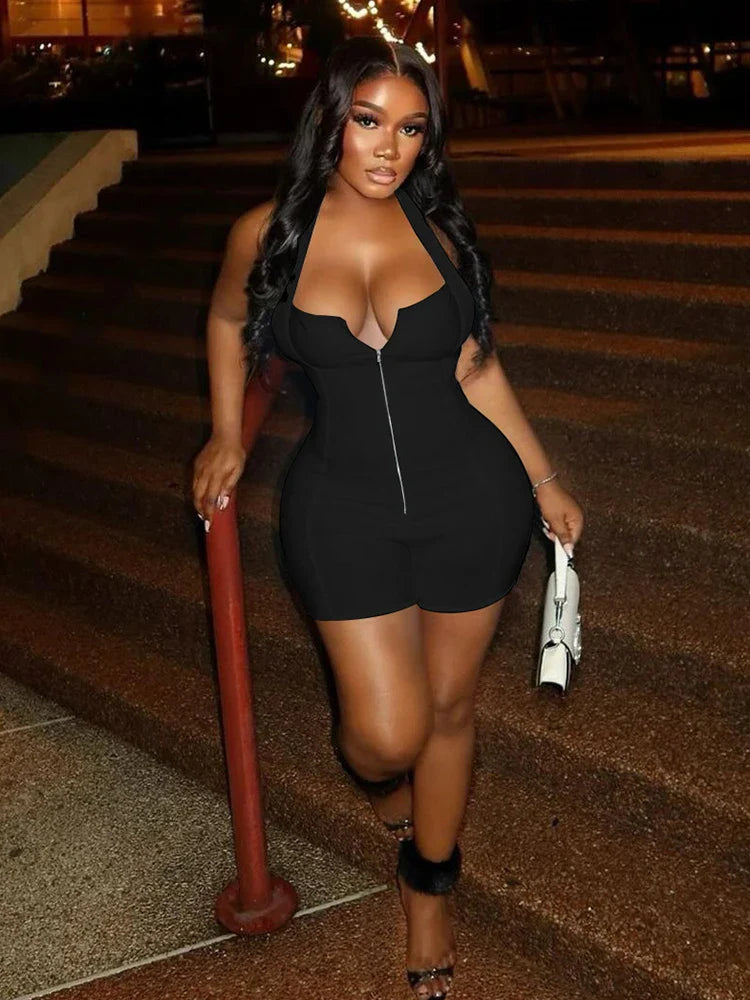 Zip Halter Backless Stretch Fit Romper