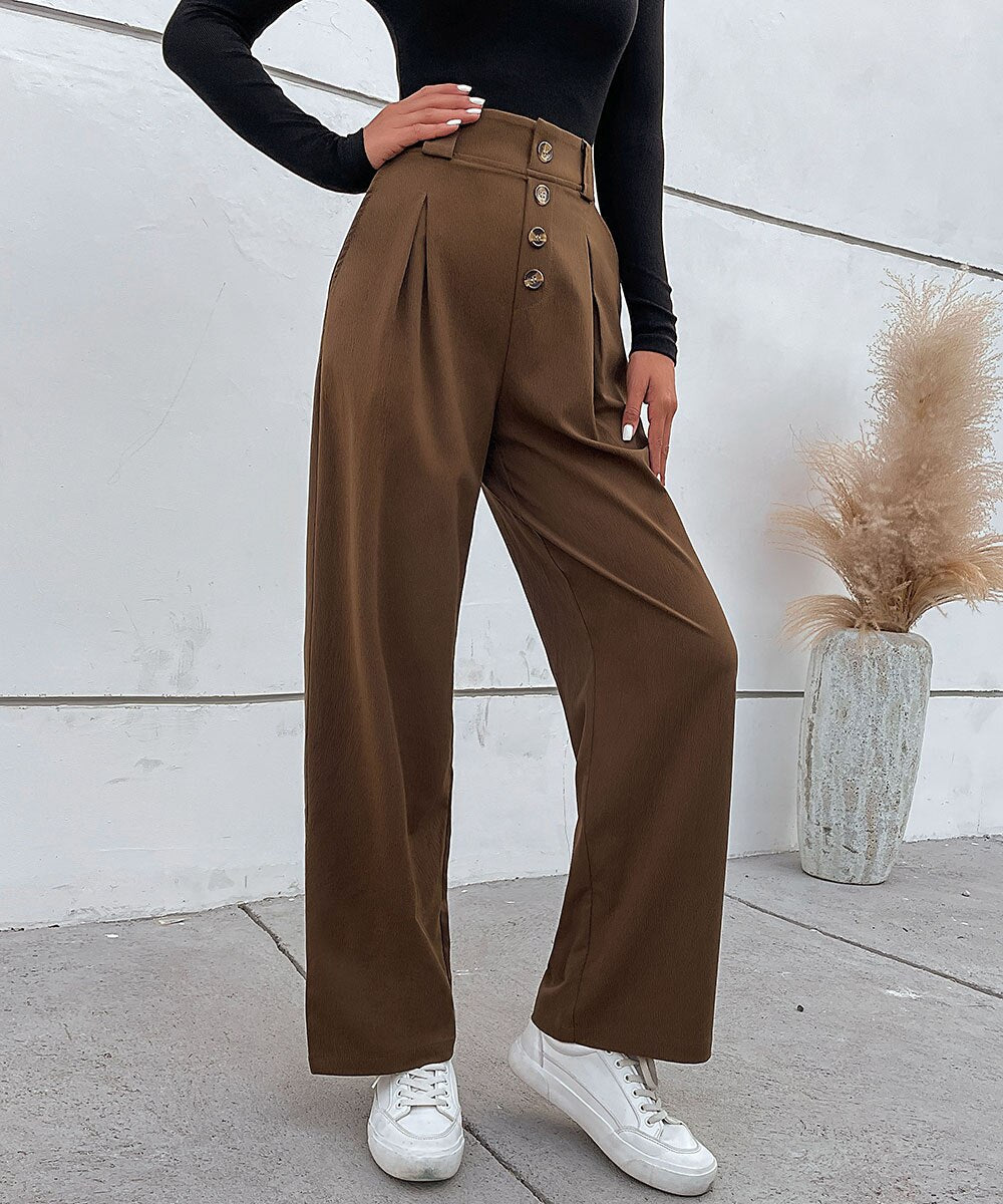 Solid Button Front Casual Pants