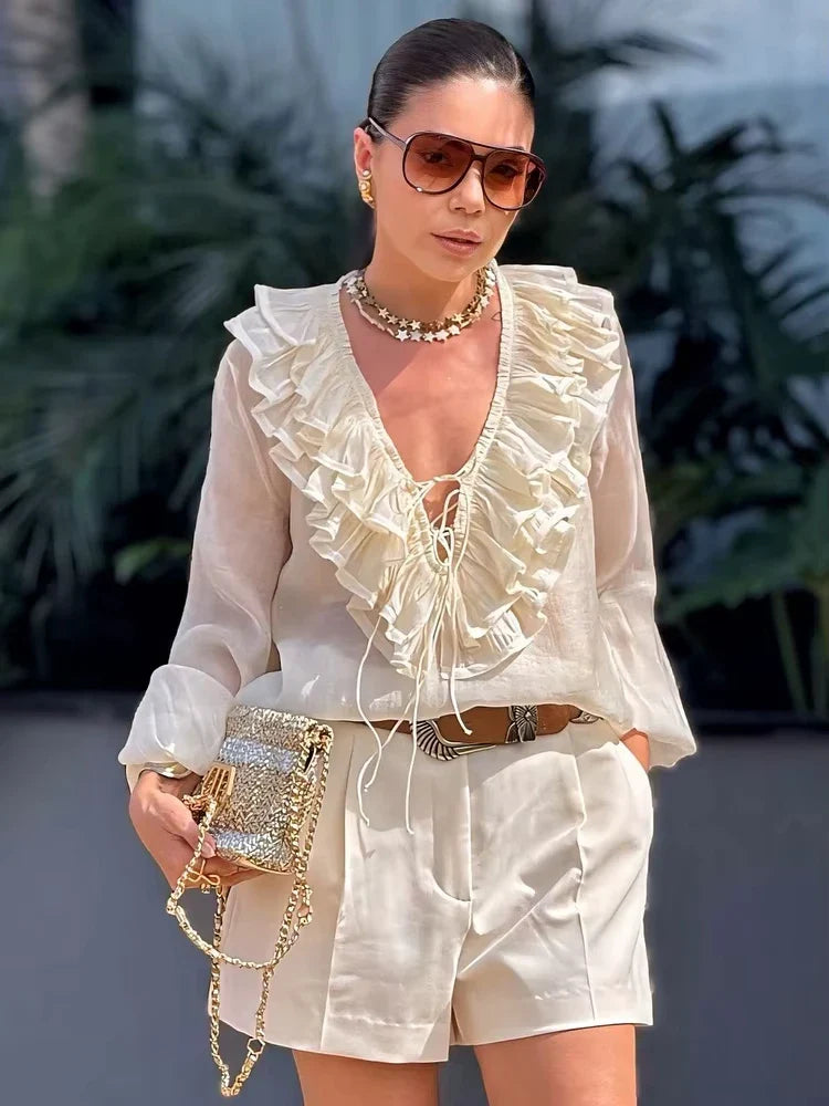 Fashion Solid V-neck Lantern Long Sleeve Blouse