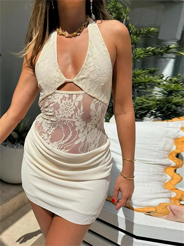 Sheer Lace Patchwork Bandage Mini Dress