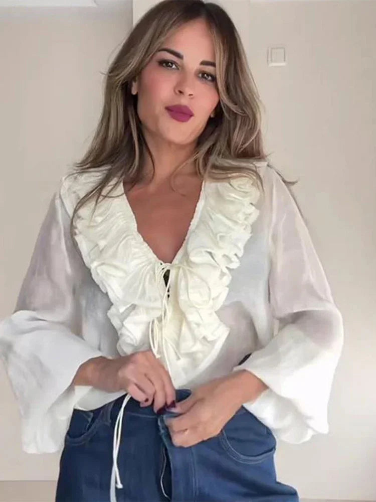 Ruffles Lace Up White V-neck Flared Blouse