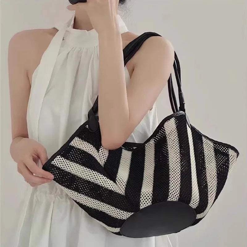 Josia Black & White Stripe Straw Tote Bag