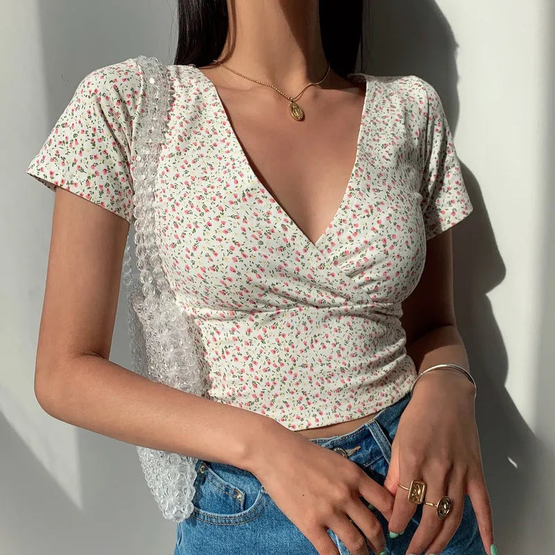 French Floral V-neck Slim Fit Crop Top