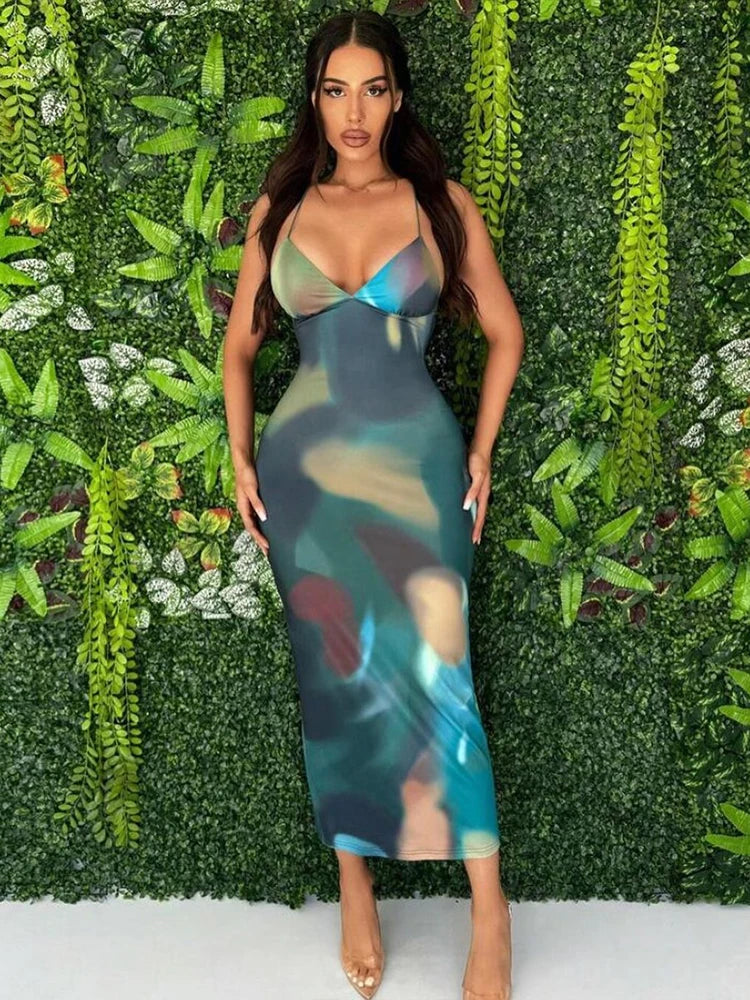 Tie Dye Backless Cross Midi Dress