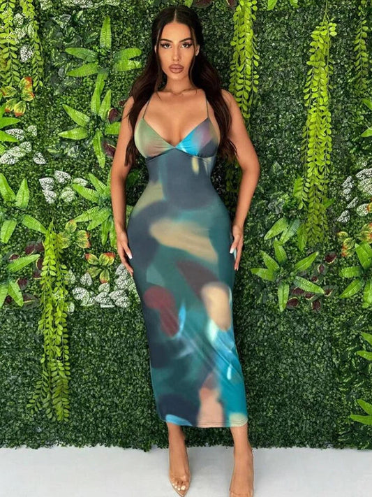 Tie Dye Backless Cross Midi Dress