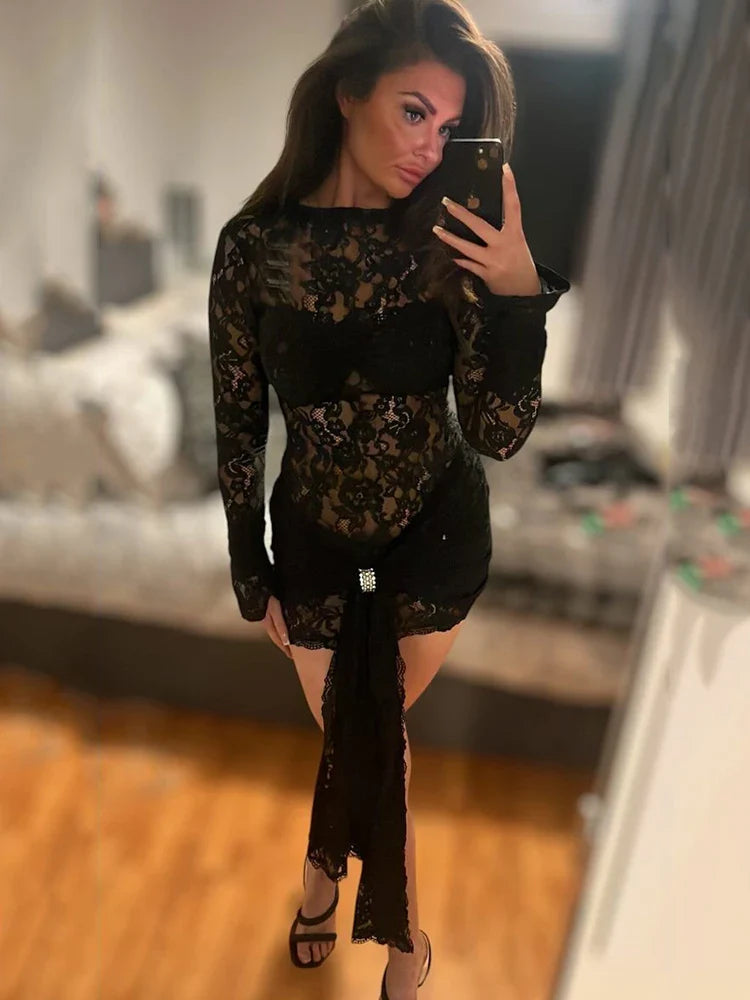 Sheer Lace Ruched Black Club Mini Dress