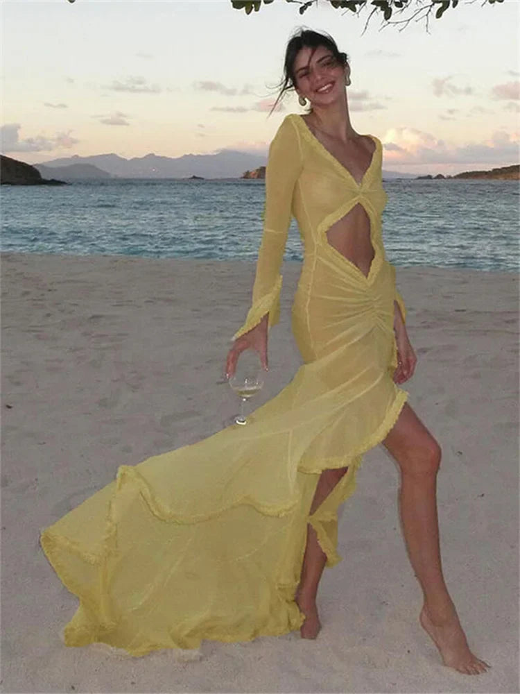 Sheer Hollow Ruffle Lace Maxi Dress