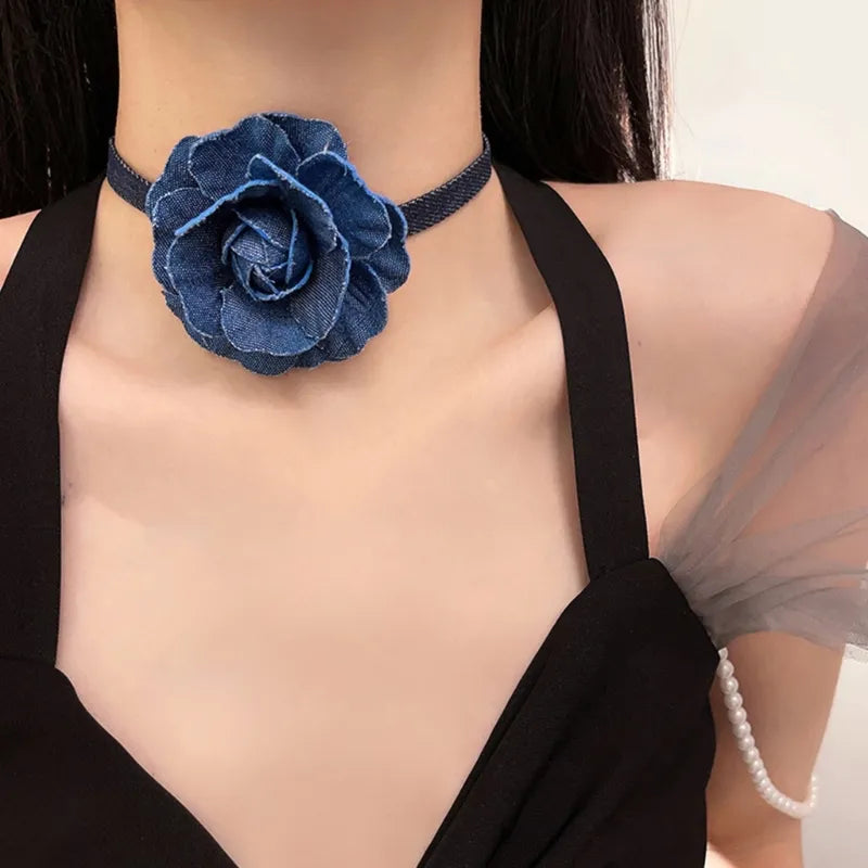 Denim Rose Corsage Choker Necklaces