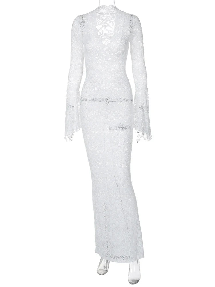 Floral Mesh Flare Sleeve Maxi Dress