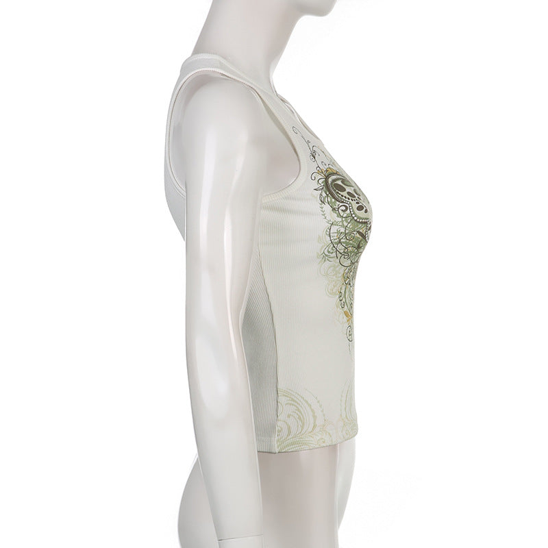 Slim Knitted Vest White Sleeveless O Neck Butterfly Vintage Print Tank Crop Tops