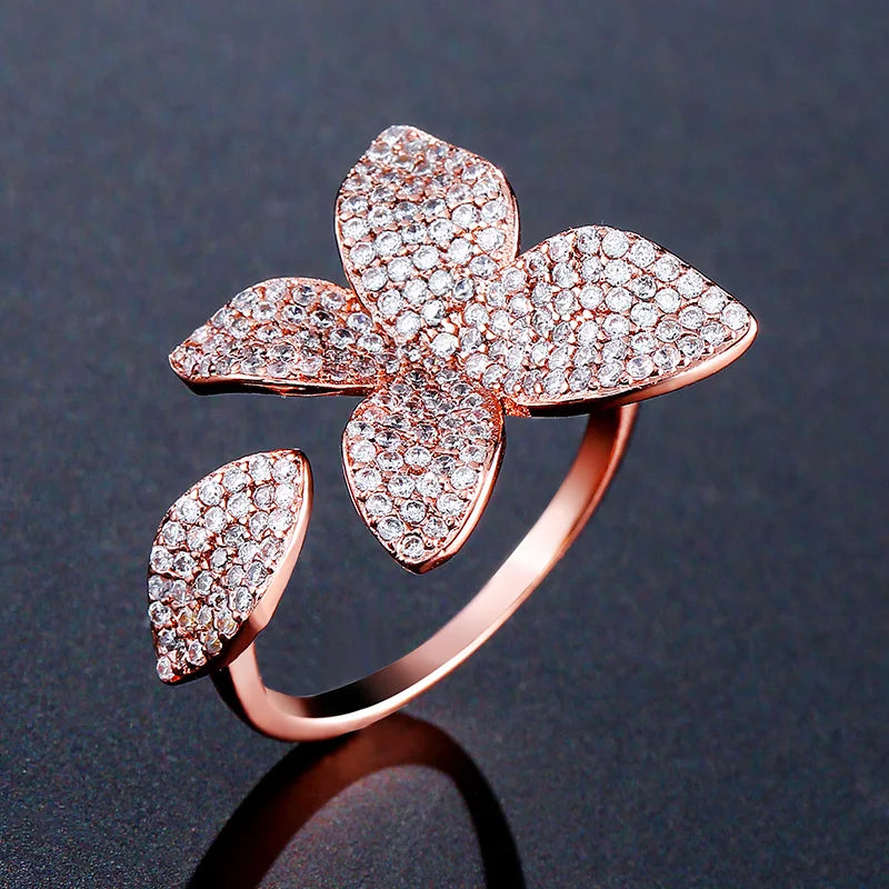 Rhinestone Flower Leaf Cocktail Rings