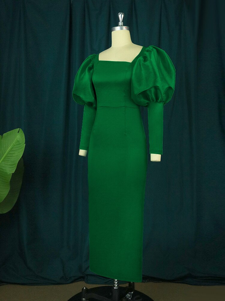Green Long Dresses Square Collar Lantern Sleeve Evening Party Gowns