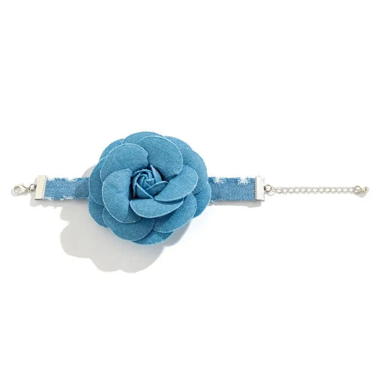 Denim Rose Corsage Choker Necklaces